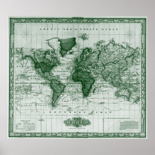  kaart van de wereld (1833): wit en groen poster