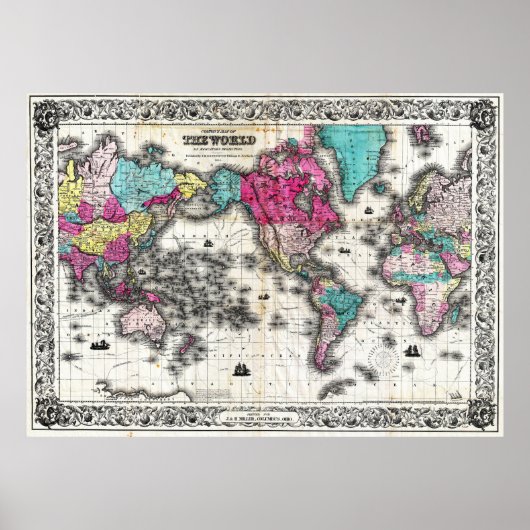kaart van de wereld (1852) - Stijlvol Poster (Voorkant)