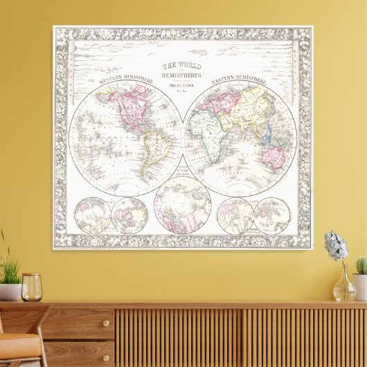  kaart van de wereld (1864) 3 canvas afdruk (Insitu (Woonkamer))