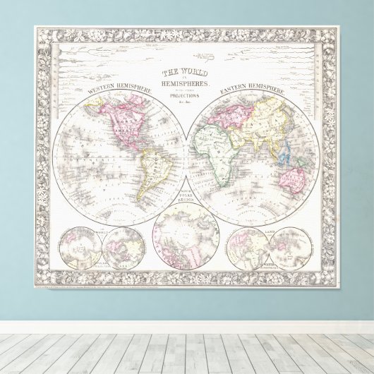  kaart van de wereld (1864) 3 canvas afdruk (Insitu (Houten vloer))