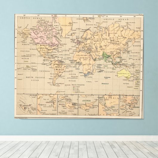  kaart van de wereld (1880) canvas afdruk (Insitu (Houten vloer))