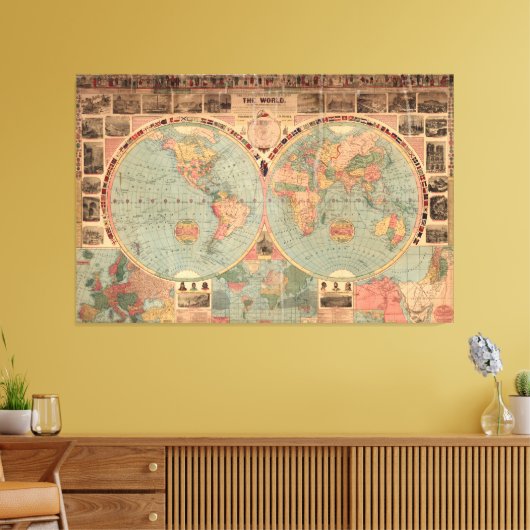  kaart van de wereld (1883) canvas afdruk (Insitu (Woonkamer))