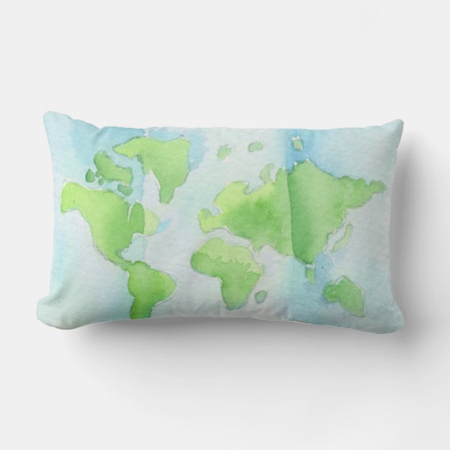 Kaart van de Wereld Waterverf Pillow Kussen (Voorkant)