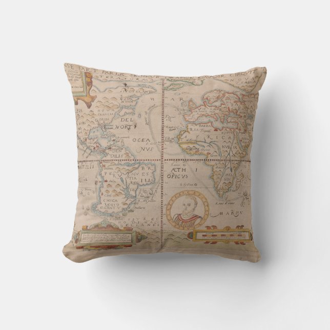Kaart van Drake's Circumnavigation van het Wereldb Kussen (Voorkant)