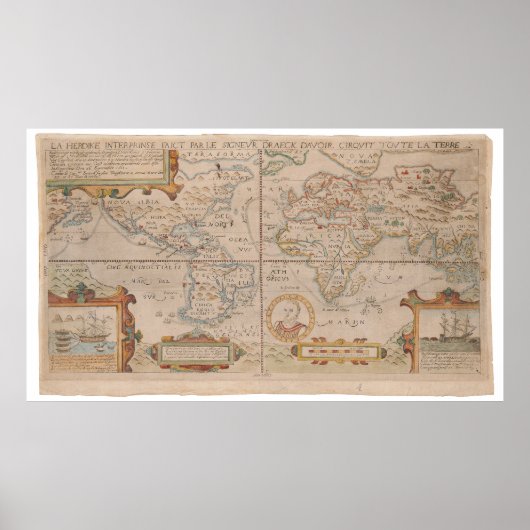 Kaart van Drake's Circumnavigation van het Wereldb Poster (Voorkant)