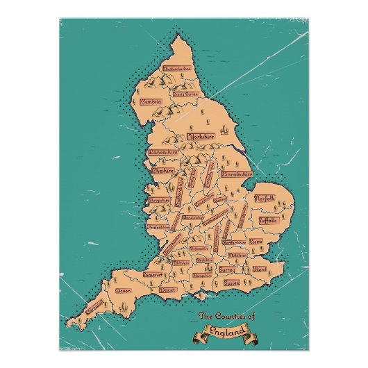 Kaart van Engeland  graafschappen Perfect Poster (Voorkant)