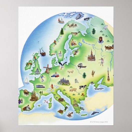 Kaart van Europa met voorbeelden van beroemde Poster (Voorkant)