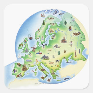 Kaart van Europa met voorbeelden van beroemde Vierkante Sticker
