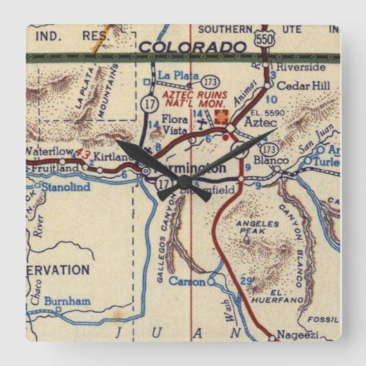 kaart van Farmington New Mexico Vierkante Klok (Voorkant)