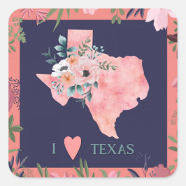  kaart van Floral I Love Texas Vierkante Sticker
