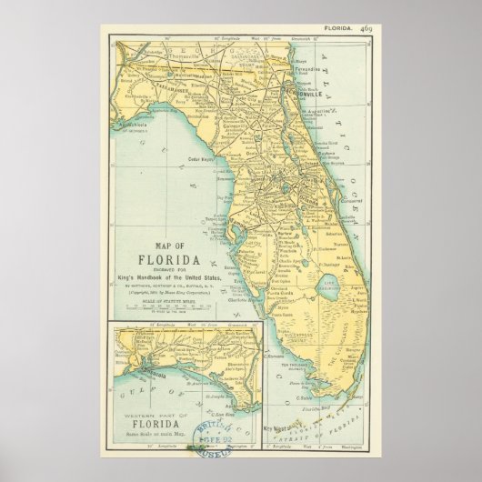  kaart van Florida (1891) Poster (Voorkant)
