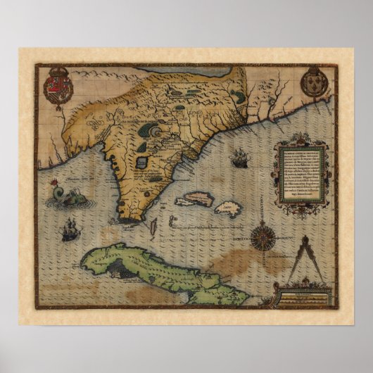 Kaart van Florida en het Caribisch gebied (1588) Poster (Voorkant)