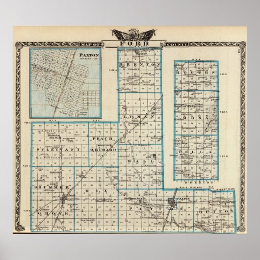 Kaart van Ford County en Paxton Poster (Voorkant)