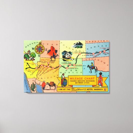 Kaart van Fred Harvey Hotel LocationsCA aan KS Canvas Afdruk (Voorkant)
