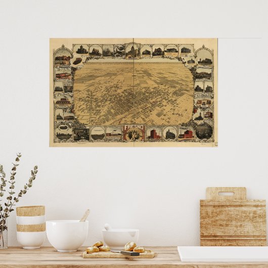 Kaart van Fresno, Uitzicht van vogelsoorten-Oog, 1 Poster (Keuken)