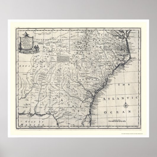 Kaart van Georgia en Carolinas door Bowen 1752 Poster (Voorkant)