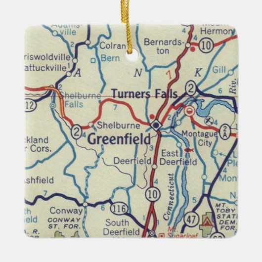  kaart van Greenfield MA Keramisch Ornament (Voorkant)