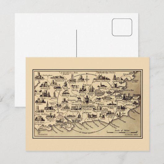 kaart van Guildford, Surrey, Londen, Kent (Voorkant / Achterkant)