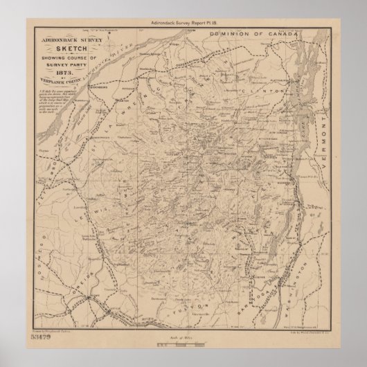 kaart van het Adirondack-gebergte (1874) Poster (Voorkant)