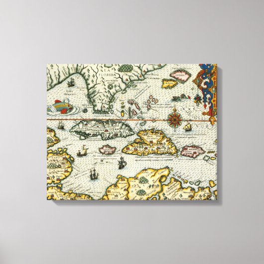 kaart van het Caribisch gebied (1594) Canvas Afdruk (Voorkant)