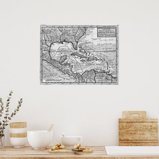  kaart van het Caribisch gebied (1732) BW Poster (Keuken)