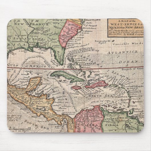  kaart van het Caribisch gebied (1732) Muismat (Voorkant)