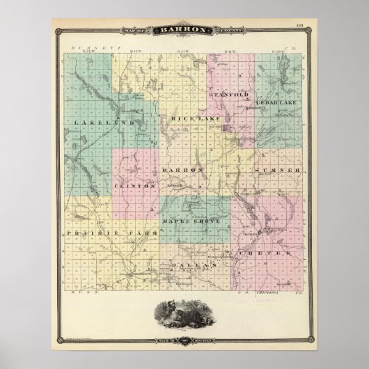 Kaart van het district Barron, staat Wisconsin Poster (Voorkant)