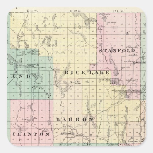 Kaart van het district Barron, staat Wisconsin Vierkante Sticker (Voorkant)