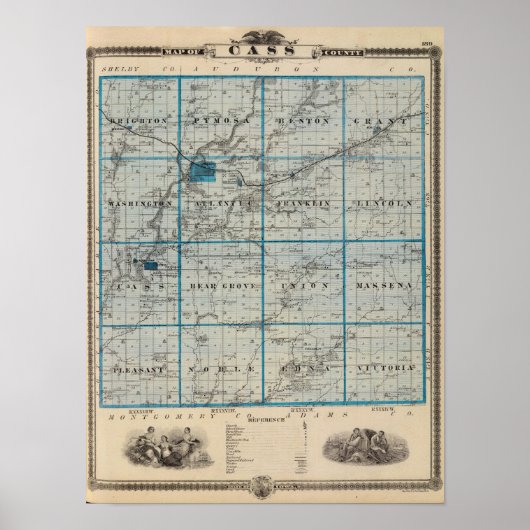 Kaart van het district Cass, staat Iowa Poster (Voorkant)