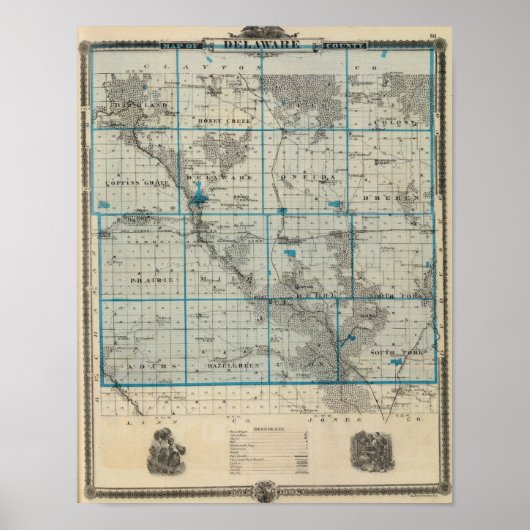 Kaart van het district Delaware, staat Iowa Poster (Voorkant)