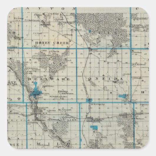 Kaart van het district Delaware, staat Iowa Vierkante Sticker (Voorkant)