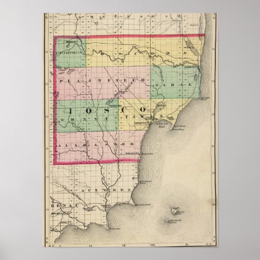 Kaart van het district Iosco, Michigan Poster (Voorkant)