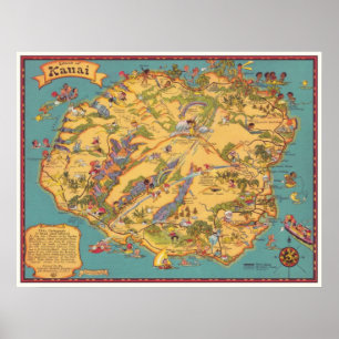 kaart van het eiland Kauai Poster