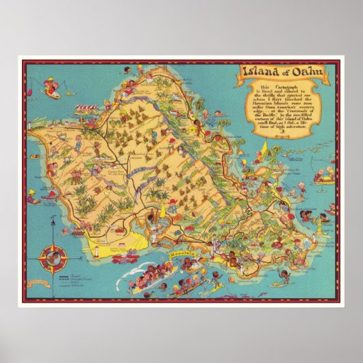 kaart van het eiland Oahu Poster (Voorkant)