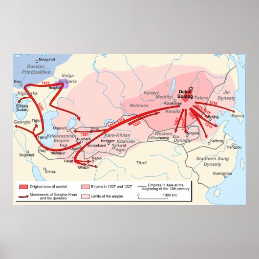 Kaart van het Genghis Khan Empire in de 13de eeuw Poster (Voorkant)