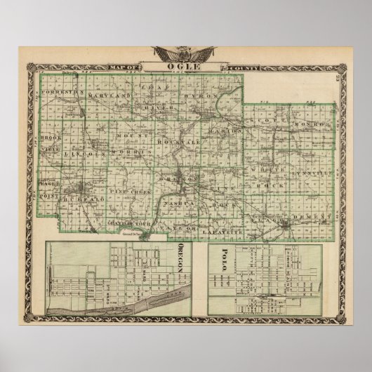 Kaart van het graafschap Ogle, Polo en Oregon Poster (Voorkant)