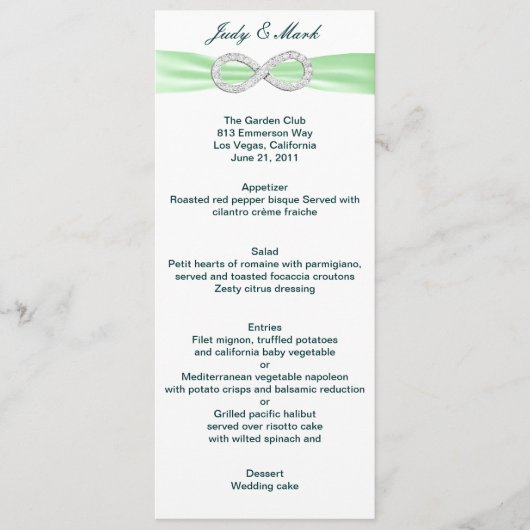 Kaart van het groene Diamond Infinity Wedding Menu (Voorkant)