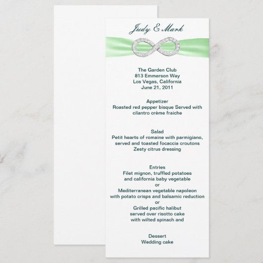 Kaart van het groene Diamond Infinity Wedding Menu (Voorkant / Achterkant)