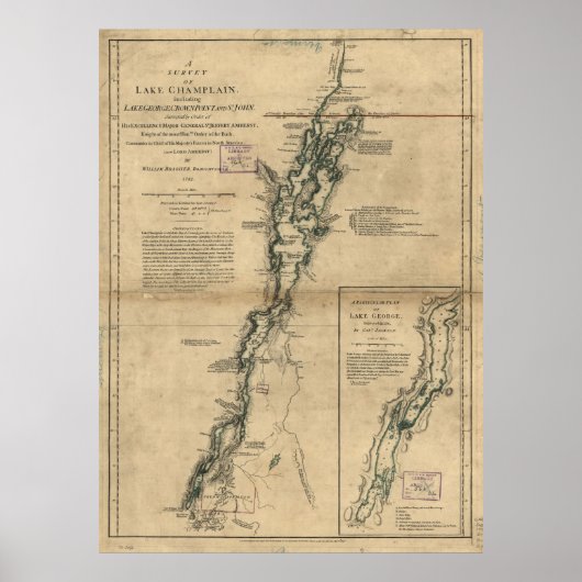 kaart van het meer van ChamPlain & het meer van G Poster (Voorkant)