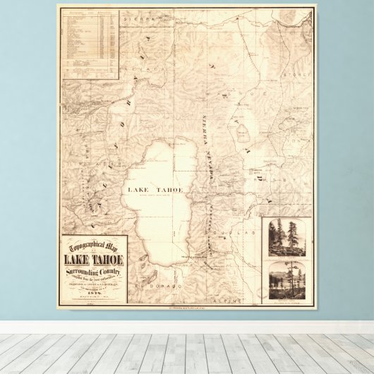  kaart van het meer van Tahoe Calfornia (1874) Canvas Afdruk (Insitu (Houten vloer))