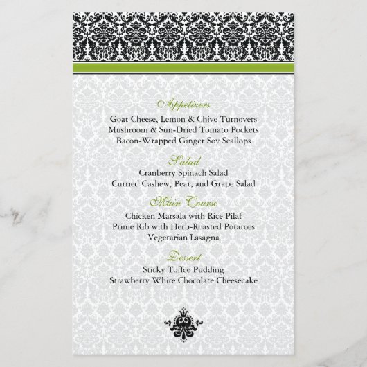 Kaart van het menu Groen, Zwart, Wit Damask (Voorkant)