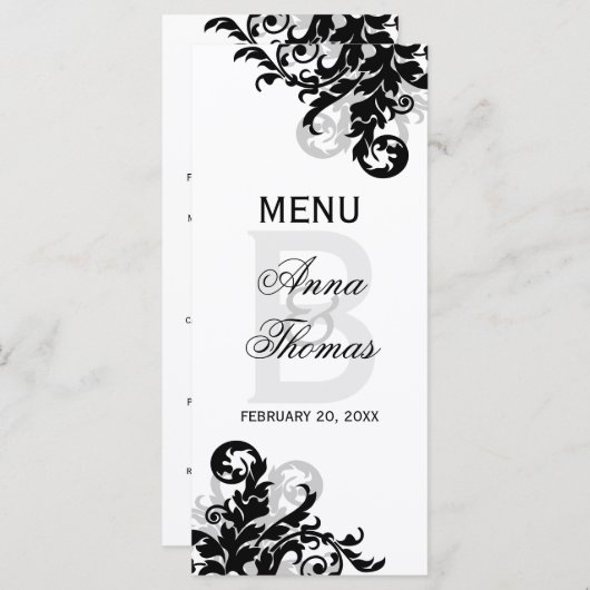 Kaart van het menu Zwart en Zilver Flourish (Voorkant / Achterkant)