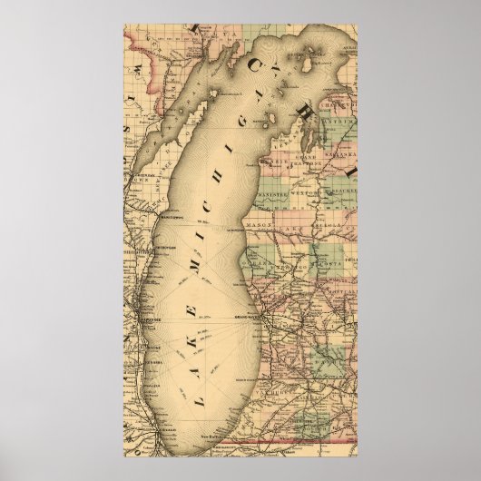 kaart van het Michiganmeer (1876) Poster (Voorkant)