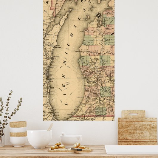 kaart van het Michiganmeer (1876) Poster (Keuken)