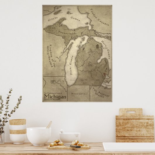 Kaart van het Mythologisch Land Michigan Poster (Keuken)