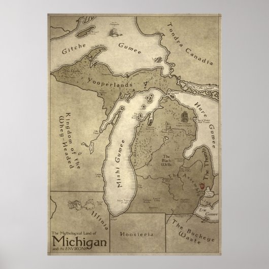 Kaart van het Mythologisch Land Michigan Poster (Voorkant)