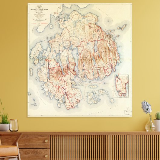 Kaart van het nationaal park Acadia, Maine (1942) Canvas Afdruk (Insitu (Woonkamer))