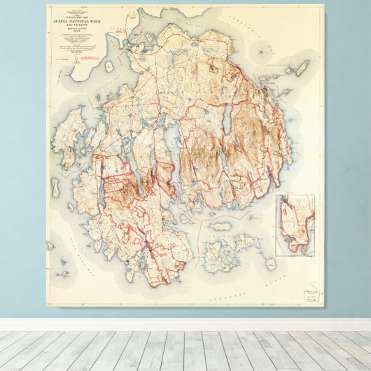 Kaart van het nationaal park Acadia, Maine (1942) Canvas Afdruk (Insitu (Houten vloer))