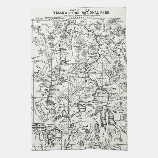  kaart van het nationale park van Yellowstone Theedoek (Verticaal)