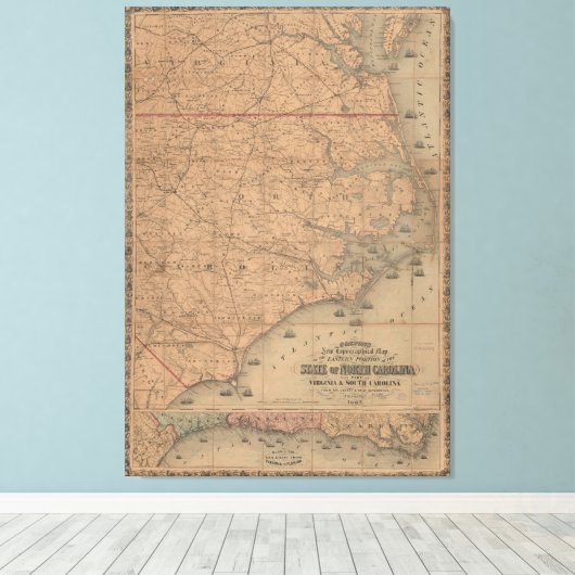  kaart van het oostelijk deel van North Carolina ( Canvas Afdruk (Insitu (Houten vloer))